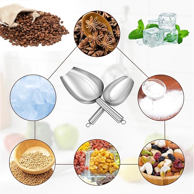 5 Pack 3/6/9/12/16 Ounce Stainless Steel Ice Scoops, Metal Food Scoop with Hanging, Kitchen Utility Scoops Rust-proof Candy Ice Cube for Party Wedding Popcorn Dog Food Potted Plants