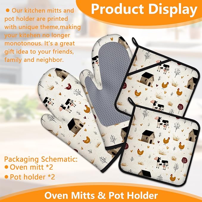 Farmhouse Chickens Oven Mitts and Pot Holders Sets 4Pcs Silicone Non-Slip Mitts Heat Resistant Gloves Hot Pads for Kitchen Cooking Baking Grilling BBQ Rooster