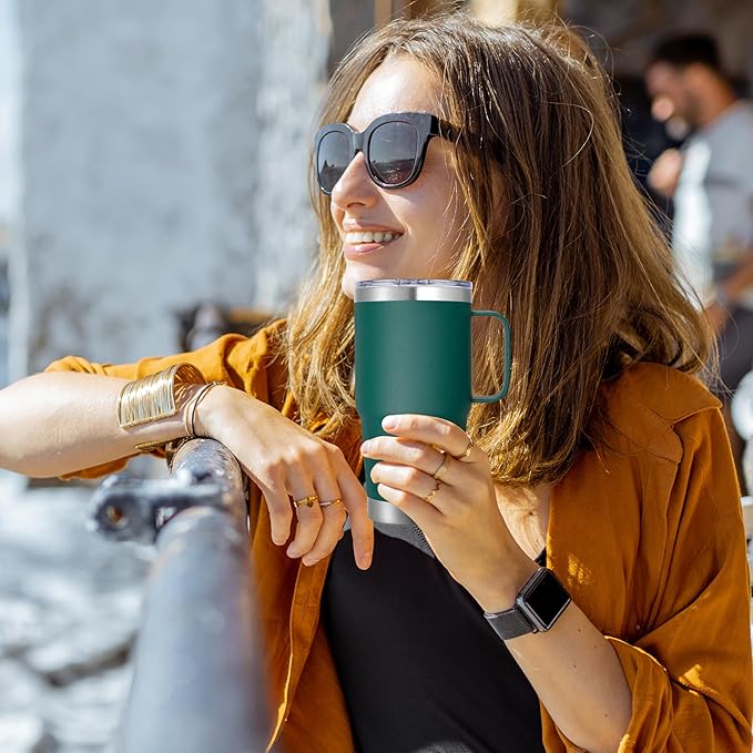 20 oz Stainless Steel Tumbler with Handle Metal Insulated Coffee Travel Mug with Handle Double Wall Tumbler Cup with Lid and Straw, Dark Green 1 Pack