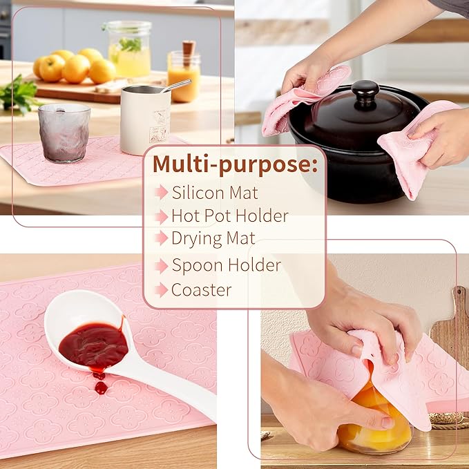 LEHAHA Large Non Slip Serving Tray with Handles, 17.25 x 12 Inch Melamine Serving Platter with Curved Sides, Dinner Tray for Lunch, Coffee, or Breakfast, 4pcs Set, Silicone placemats Included,Pink