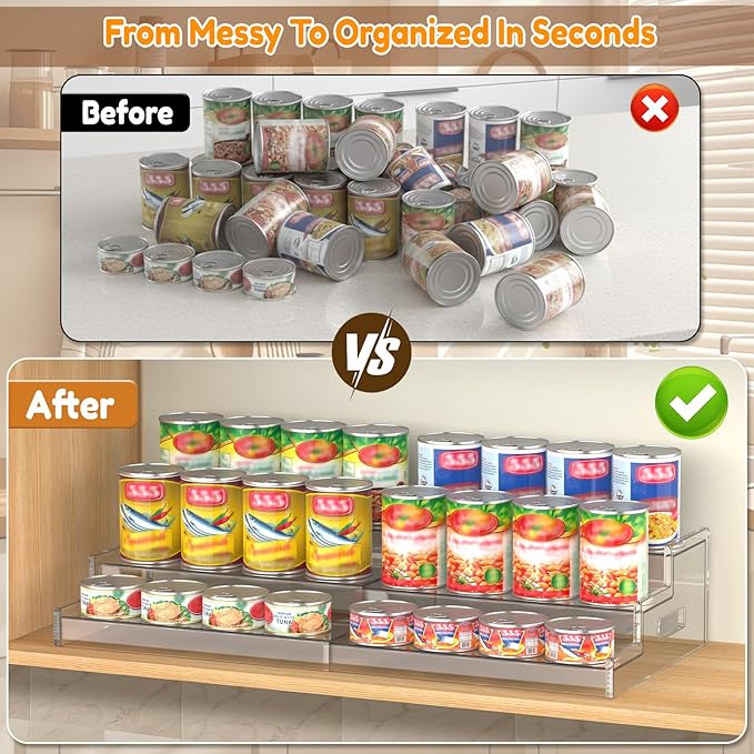 Yecuip Expandable Can Rack Organizer for Pantry, 3-Tier Adjustable Acrylic Can Storage Holder, Holds Up to 24 Cans, Canned Food Organizer for Cabinet, Countertop, Kitchen