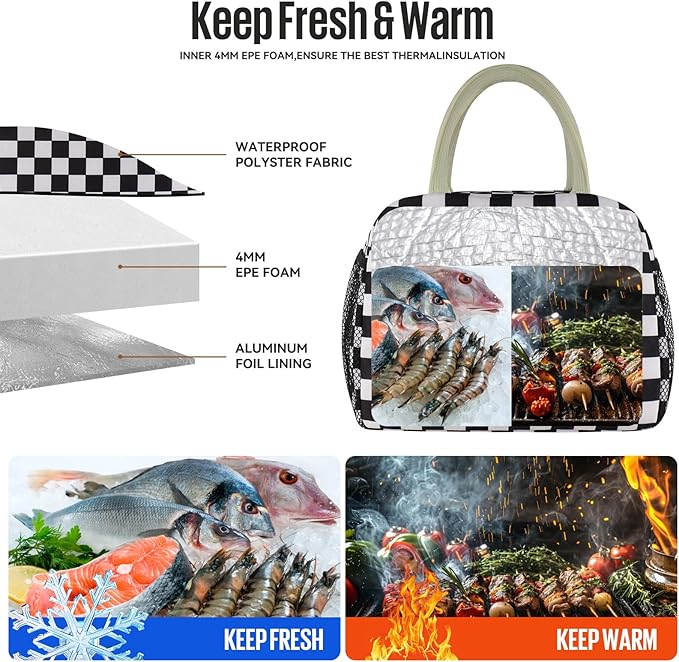 douyadady Lunch Bag Women/Men Lunch Box Women/Men (Black+White Checkerboard)
