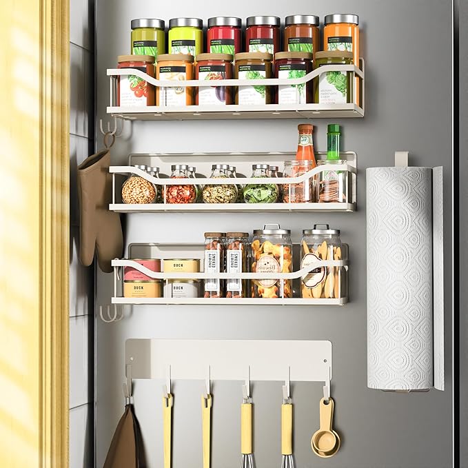 5 Pack Multifunctional Magnetic Shelves for Refrigerator Spice Rack & Washing Machine Organize, Include Paper Towel Holder, Kitchen Utensil Hanger and Hooks, Strong Magnet for Secure Hold (Cream)