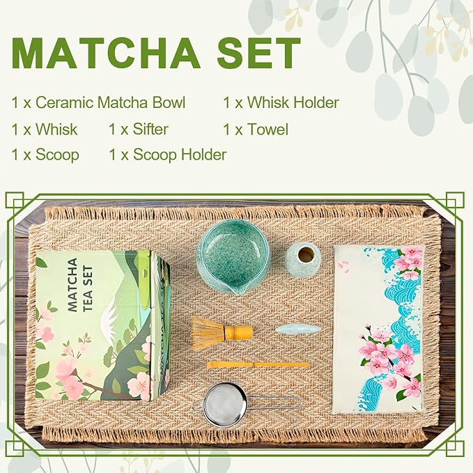 7-Piece Matcha Set–Traditional Japanese Tea Kit with Matcha Bowl, Bamboo Whisk, Ceramic Holder, Scoop, and Sifter–Perfect for Tea Ceremonies&Matcha Lovers (Mountain Relief-Mottled Green)