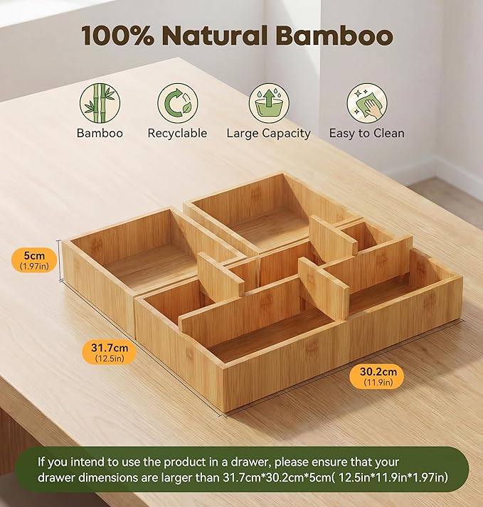 KOCWELL Bamboo Desk Drawer Organizer with Removable Dividers,Multi-Use Office Drawer Organizer Tray,Junk Drawer Organizers for Office,School,Kitchen,Makeup Supply（Original）