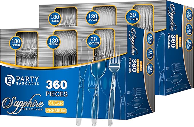 Party Bargains Disposable Cutlery set, Color: Clear Sapphire, Count: 720 Pcs: 120 Knives, 240 Spoons, 360 Forks