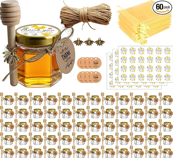 Adabocute 60 Pack Mini Honey Jars with Dipper - Honey Pot with Gold Lid, Bee Pendants, Jutes, Gift Bags and Stickers - For Baby Shower Wedding Favors
