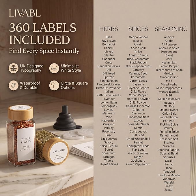 Glass Spice Jars with 360 Labels -24 pcs- 4oz- Spice Containers with Bamboo Lids -Shaker Lids- Pepper Grinder-Spice Organization for Cabinet-Drawer-Rack-Seasoning Organizer-Square bottles