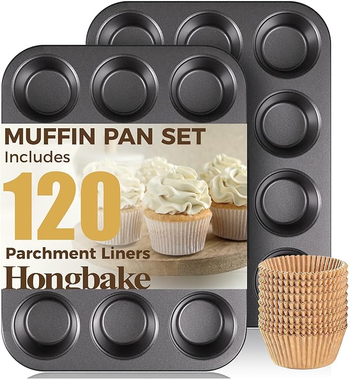 HONGBAKE Muffin Pans with 120 Natural Liners, Nonstick 12 Cup Cupcake Baking Tray, Premium Standard Size, 2 Pack, Dark Grey