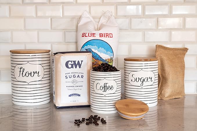 10 Strawberry Street Labeled Ceramic Kitchen Canister Set, Set of 3, Coffee Sugar Flour, White/Black, Bamboo Lids