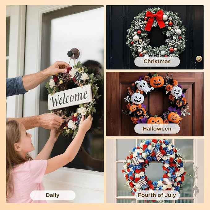 Decorative Suction Cup Hooks, Wreath Hanger, Multi-Purpose Wall Mount for Bathroom, Kitchen, Door, Window, Easy Install 5PCS (Wood Grain)