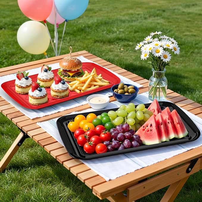 Serving Trays for Party - Set of 4, Large Serving Platters for Raw and Cooked Food, Dishwasher Safe, 17×10.5-inch Stackable Plastic Party Supplies for Grilling, BBQ, Meal Prep (Red, Black)