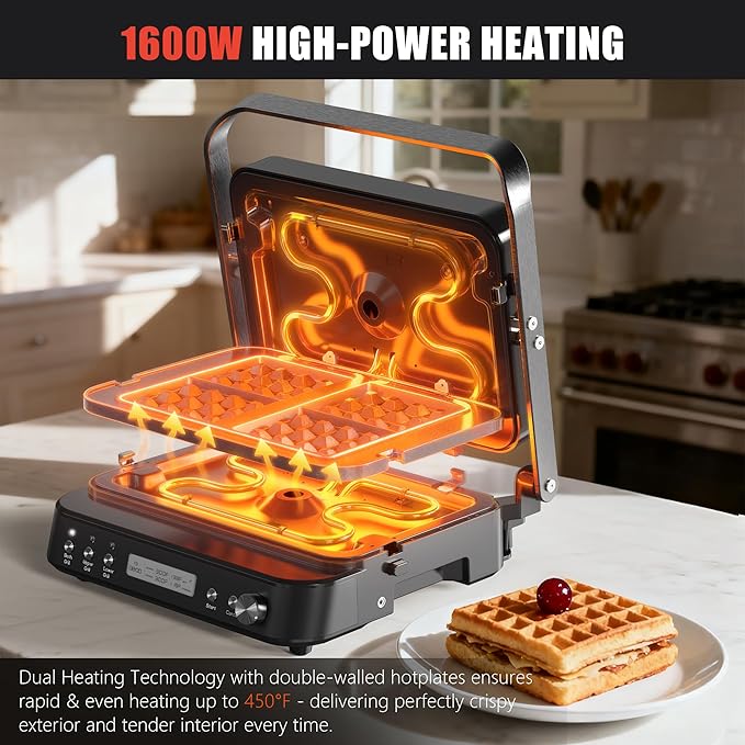 CATTLEMAN Panini Grill Press Sandwich Maker with Removable Plates, 1600W, 6 in 1 Waffle Maker & Electric Indoor Grill with Meat Thermometer, PFAS Free Ceramic Nonstick Reversible Plates, Opens Flat