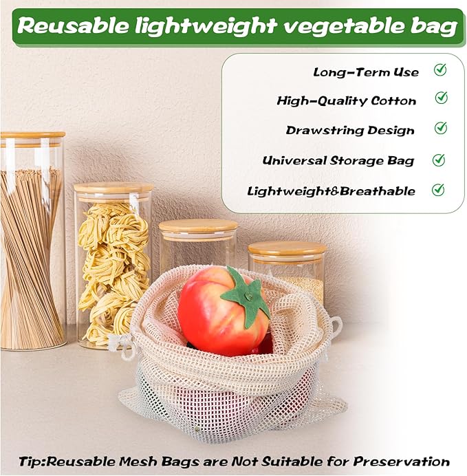 18 Pack Reusable Produce Bags Reusable Washable - Vegetable Grocery Cotton Mesh Bags for Farmers Market, Beach, and Refrigerator Storage Vegetables (6xS, 6xM, 6xL)