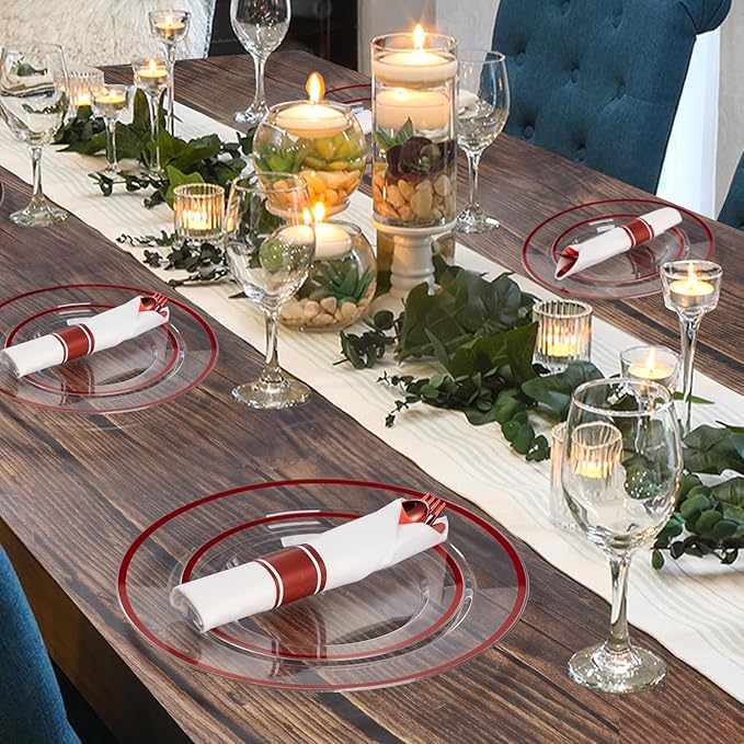Goodluck 350 Piece Red Plastic Dinnerware Set for Party, Clear Disposable Plates for 50 Guests, Include: 50 Dinner Plastic Plates, 50 Dessert Plates, 50 Pre Rolled Napkins with Cutlery Set, 50 Cups