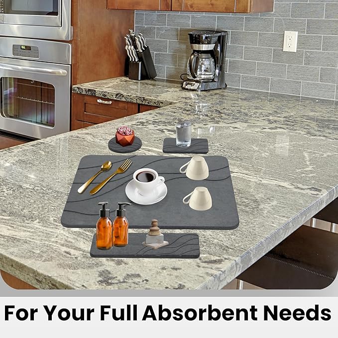 Stone Dish Drying Mat For Kitchen Counter With Diatomite Sink Tray Set - Quick Dry, Fast Water Abosrbing, Diatomaceous Earth - Multi-Purpose Stone Drying Mat For Dishes, Cups, Bottles - (15" x 15")