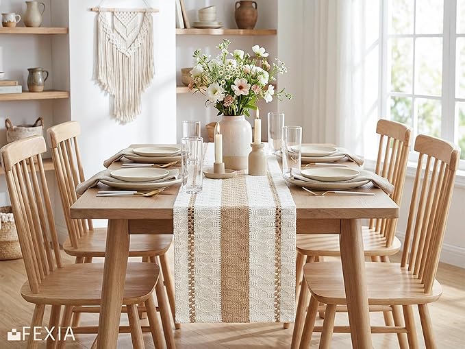 FEXIA Boho Table Runner for Hoilday Spring Home Decor Farmhouse Rustic Table Runner Macrame Burlap Coffee Table Decor House Decoration for Living Room Bridal Shower (12x72 Inches)