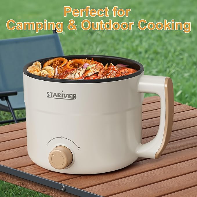 Stariver 1.5L Electric Hot Pot - Mini Portable Electric Pot, Non-Stick Noodle Cooker for Ramen, Soup, Pasta, Egg, Oatmeal - Overheat & Boil-Dry Protection - Ideal for Dorm, Office, Travel Gift