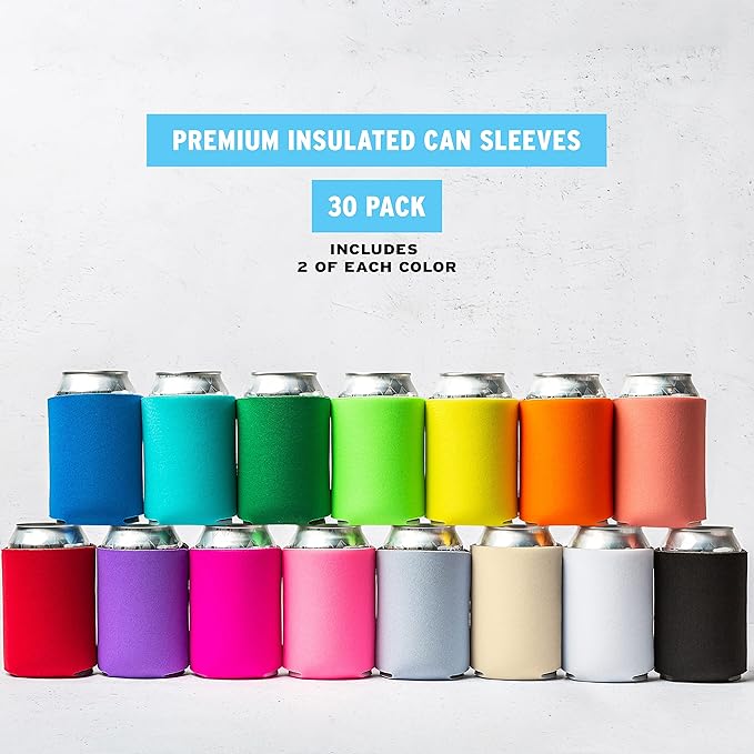 Blank Beer Can Coolers Sleeves (30-Pack) Soft Insulated Beer Can Coolies - HTV Friendly Plain Koolies in Bulk for Soda, Beer & Water Bottles - Coolie Blanks for Vinyl Projects & Wedding Favors