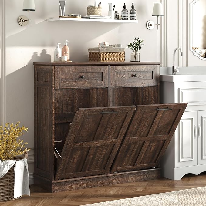 chartustriable 26 Gallon Double Tilt Out Trash Cabinet, Pet Proof Barn Door Garbage Can with 2 Drawers, Farmhouse Wood Laundry Hamper & Storage Basket, Kitchen, Rustic Brown