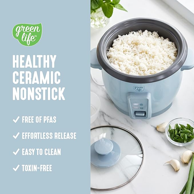 GreenLife Rice Cooker with Removable PFAS-Free Ceramic Nonstick Pot, 3-Cups Uncooked/6-Cups Cooked, Grains & Oatmeal Multicooker, Compact One-Switch Design, Auto Keep Warm, Easy Clean, Blue Haze
