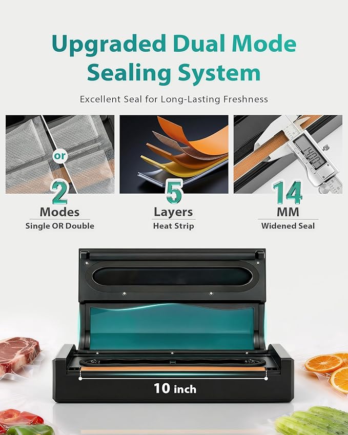 90kPa 10-in-1 Vacuum Sealer for Food, Double Heat Seal for for Bulk Meat Portioning, Dry & Moist Modes, Built-in Cutter and Bag Storage, Starter Kit with Bag Rolls and Hose, Black