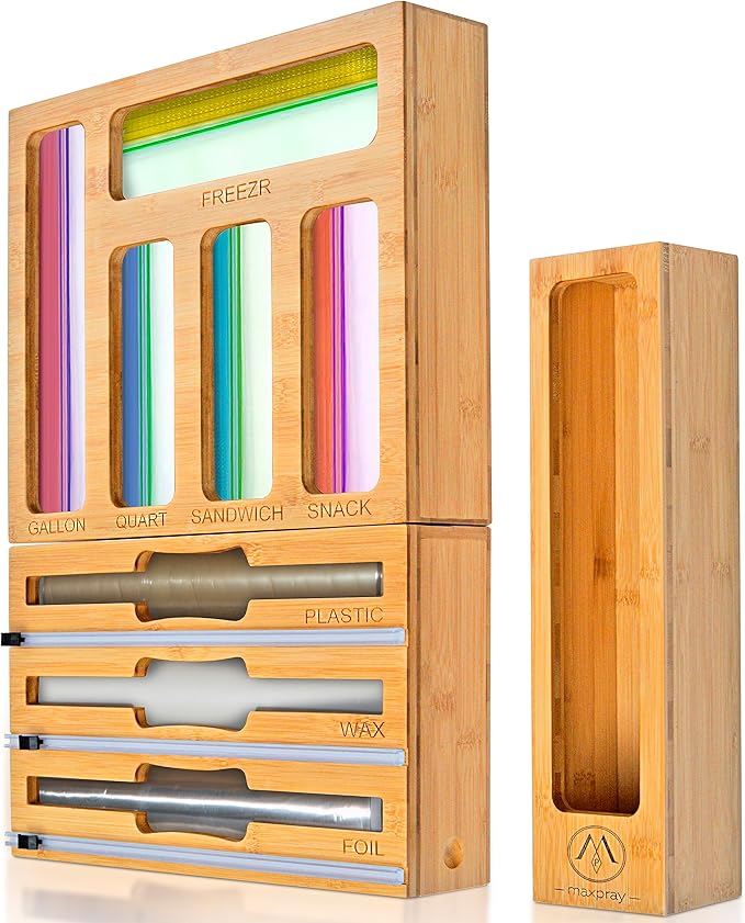 9 IN 1 Bamboo Foil and Plastic Wrap Organizer for Kitchen Drawer, Plastic Bag Organizer Organization and Storage, Food Storage Bag Organizer with Labels for Quart Gallon Snack Sandwich