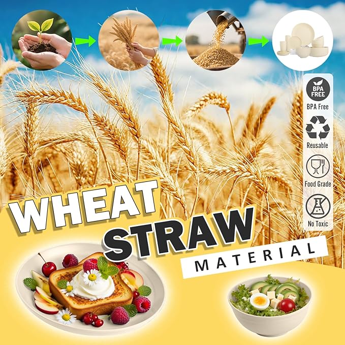 Wheat Straw Dinnerware Sets for 8, 32 PCS Unbreakable Plates and Bowls Sets, Kitchen Dish Set - Dinner Plate/Dessert Plate/Cereal Bowl/Cup, for Outdoor Camping RV Apartment Essentials - Beige