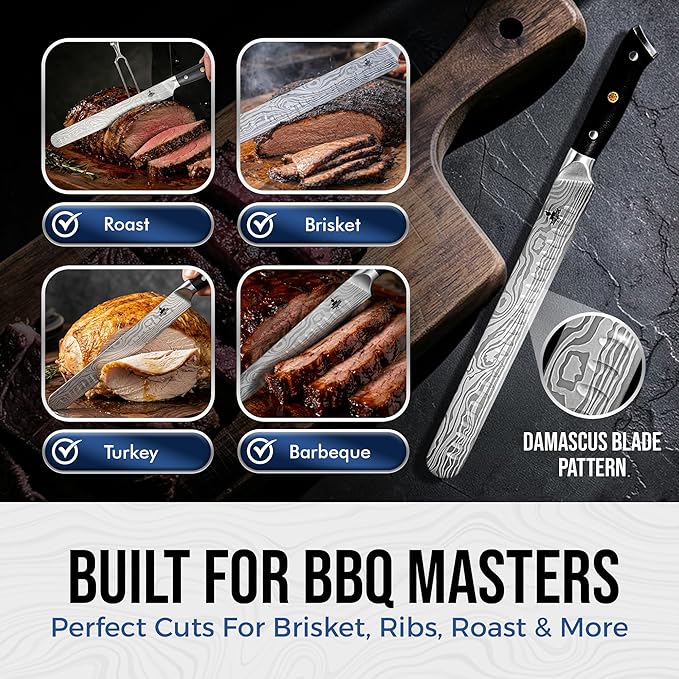 Brisket Knife Set for Meat Carving & BBQ - 12" Slicing Knife, 6" Boning Knife & Carving Fork for Smooth Meat Cutting, Full Tang & Ergonomic - Razor Sharp German Steel, Grilling Gifts for Men