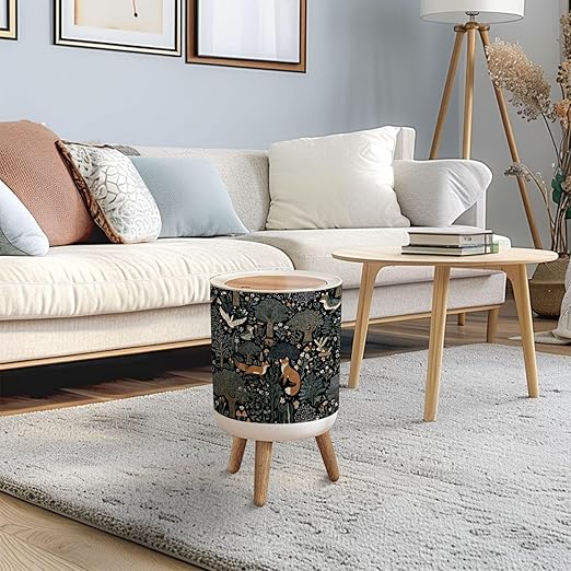 Trash Can with Lid Whimsical Woodland Foxes Birds Amidst Trees Flowers Press Top Round Small Garbage Bin with Wooden Legs Waste Basket for Kitchen Bedroom Nursery 7L/1.8 Gallon