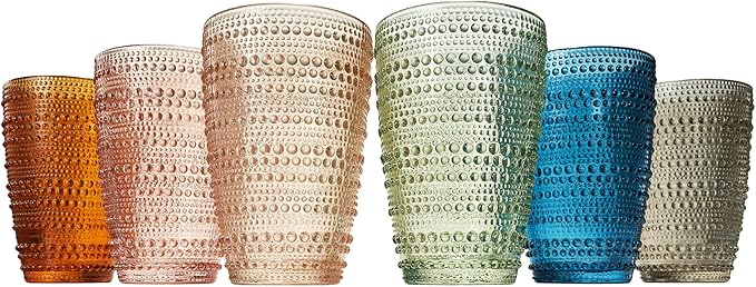 Khen Beaded Highball Tumbler Drinking Glasses Set | Set of 6 | Vintage Hobnail Bubble Design Whiskey Glassware, Old-Fashioned, Art Deco Glass for Water, Wine, Cocktail Dishwasher Safe (14.6 OZ)