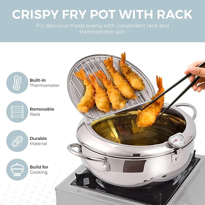 Alpha Living SDF-04 Deep Fryer Pot – 11-Inch Stainless Steel Frying Pot with Oil Thermometer – Ideal for Deep Frying Chicken, Fries, Mini Donuts, Tempura & More – Frying Pan for Home Use