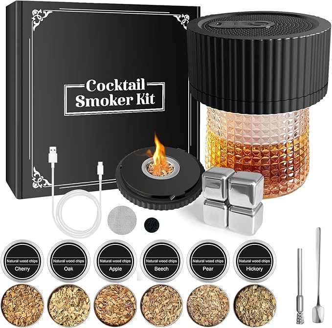 Electric Whiskey Smoker Kit Cocktail Smoker Kit with 6 Wood Chip Flavors Old Fashioned Drink Smoker Kit for Bourbon Whiskey Cocktails Home Bar Accessories Whiskey Gifts for Men Dad Husband