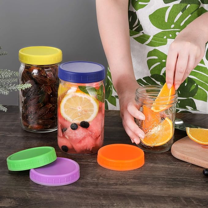 AOZITA 16 Pack Plastic Mason Jar Lids Fits Ball, Kerr & More - 8 Wide Mouth & 8 Regular Mouth - Colored Storage Caps for Canning Jars, Dishwasher Safe & Food Grade & Leakproof