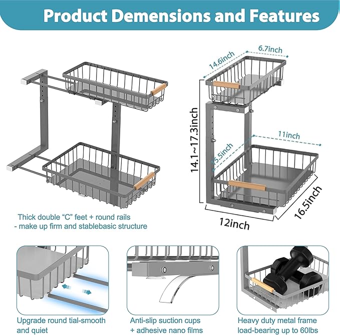 Liuoud Under Sink Organizer 2 Pack, 2 Tier Slide Out Large Capacity Height Adjustable Under Sink Organizers and Storage for Kitchen Bathroom Cabinet, Grey