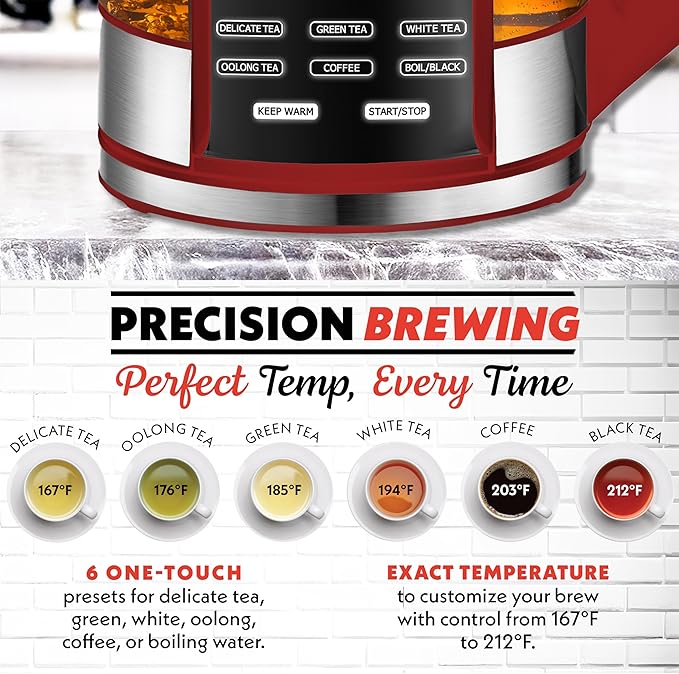 Gourmia Electric Glass Kettle – 1.7L Programmable Tea & Coffee Brewer with Digital Touch Display, 6 Presets, Removable Stainless Steel Infuser, Cordless with 360° Swivel Base, Red