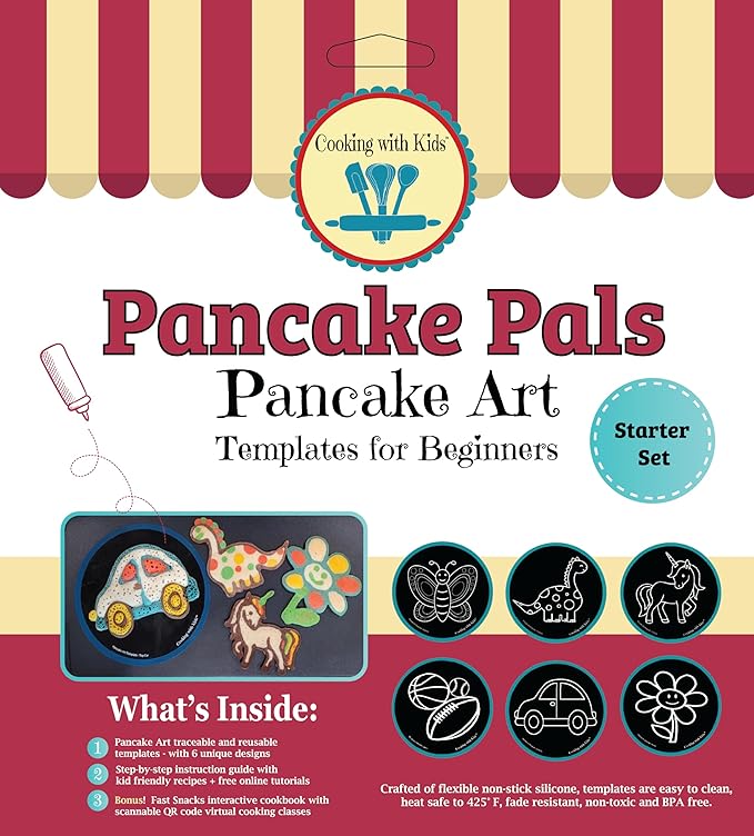 Pancake Pals for Kids - Set of 6 Pancake Art Templates Children + Bonus Interactive Cookbook w/QR Codes to Access Free Virtual Follow-Along Cooking Classes - Boys Girls Teens Tweens, Baking