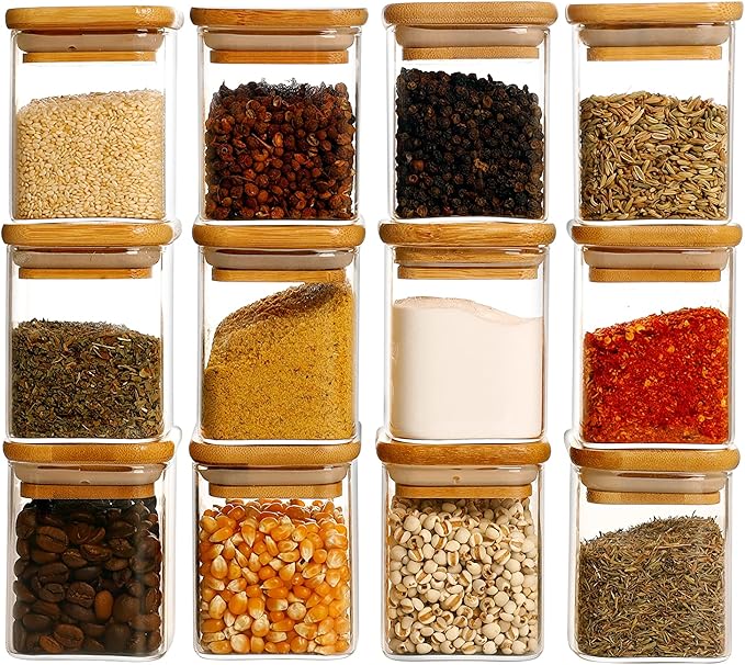 HHMJSM 12 Pcs Square Glass Spice Jars with Natural Bamboo Lids - 5oz Airtight Herb Containers with 148 Waterproof Minimalist Spice Labels Preprinted - Empty Small Seasoning Jars for Kitchen Pantry