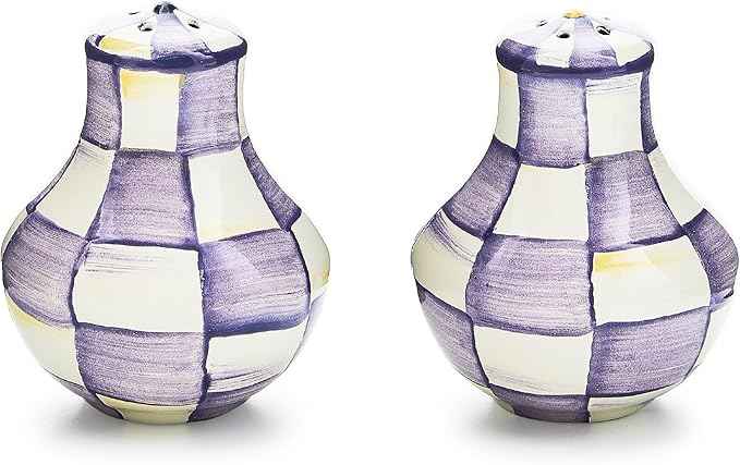 MACKENZIE-CHILDS Enamel Salt and Pepper Shakers, Kitchen Table Accessories, Purple-and-White Violet Check