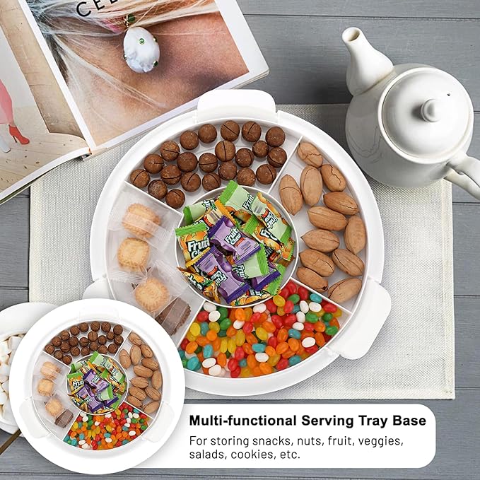 BSTKEY Portable Cake Carrier with Lid and Handle, Cake Turntable + Cupcake Storage Tray for Transport, 10" Round Cake Container Holder with Two Sided Base for Pies Nuts Fruit Cookies, White