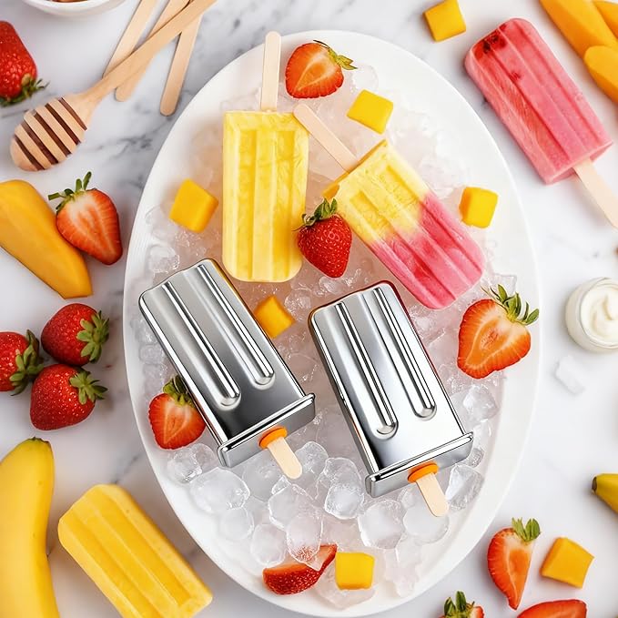 Popsicle Molds Set 6 Pieces Stainless Steel Ice Popsicle Maker, Homemade Popsicle Molds with 50 Sticks, 20 Bags, 14 Silicone Seals, 1 Cleaning Brush & 1 Stand, DIY Ice Pop Mold Maker for Kids (Square)