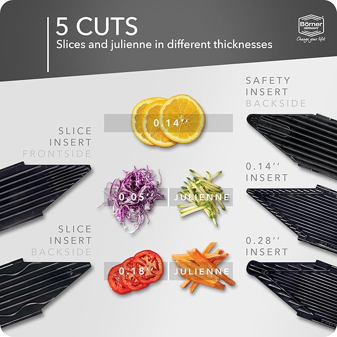 Börner Mandline Slicer V6 (Profi Set) • Stainless Steel Slicer with V-Blade • Adjustable Vegetable Slicer for Vegetables & Fruits • Slices, Strips & Dices in Various Thicknesses • Grater