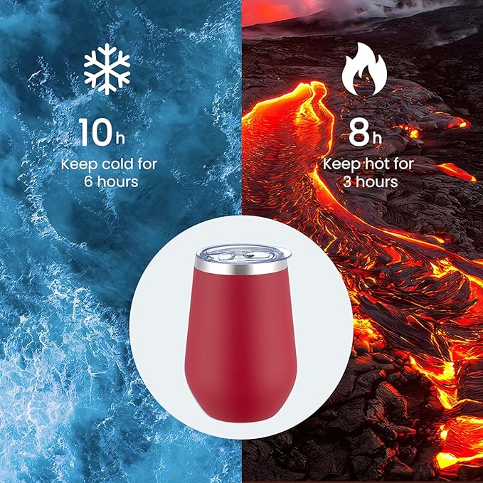 MEWAY Stemless 12oz Insulated Wine Tumbler with Lid and Straw - Double Wall Stainless Steel Thermal Cups for Hot and Cold Drinks, Bridal Shower Prizes for winners(Red,Set of 4)