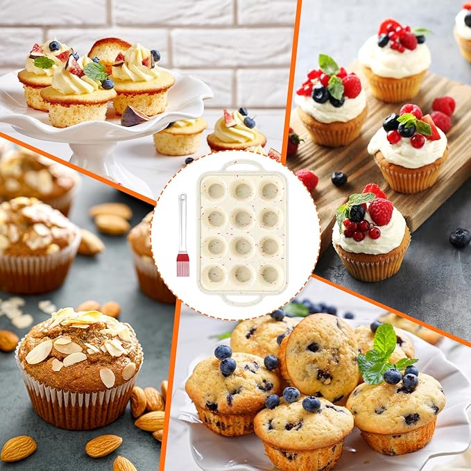 4 Pcs Silicone Muffin Pan Set with Metal Reinforced Frame, 12 Cup Regular Size Nonstick Cupcake Pan and 8-Cavity Mini Loaf Pans with 1 Pastry Brush, Silicone Cupcake Tin for Baking Egg Bites Bread