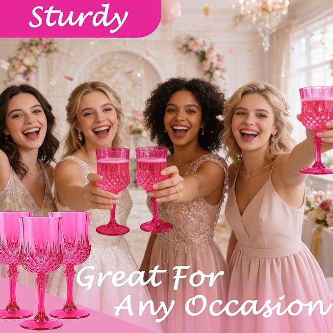 Plastic Wine Glasses, Plastic Goblets Vintage Style Cordial Unbreakable Drinking Glasses, Reusable Drinkware for Wedding Reception, Grand Event Party Supplies, Mother's Day (24, Hot Pink)