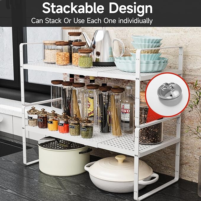 Expandable Cabinet Shelf Organizers, Stackable Metal Shelves Extender for Kitchen Countertop Storage, Adjustable Spices Shelves Rack Stand for Cupboard Pantry, White