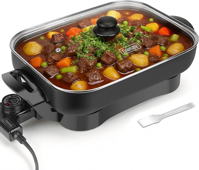 FineMade Family Size Electric Skillet with Lid, XL Electric Skillet, Deep Skillet, Temperature Control, Square 15 x 11.5 Inch Ceramic Nonstick Interior, Graphite