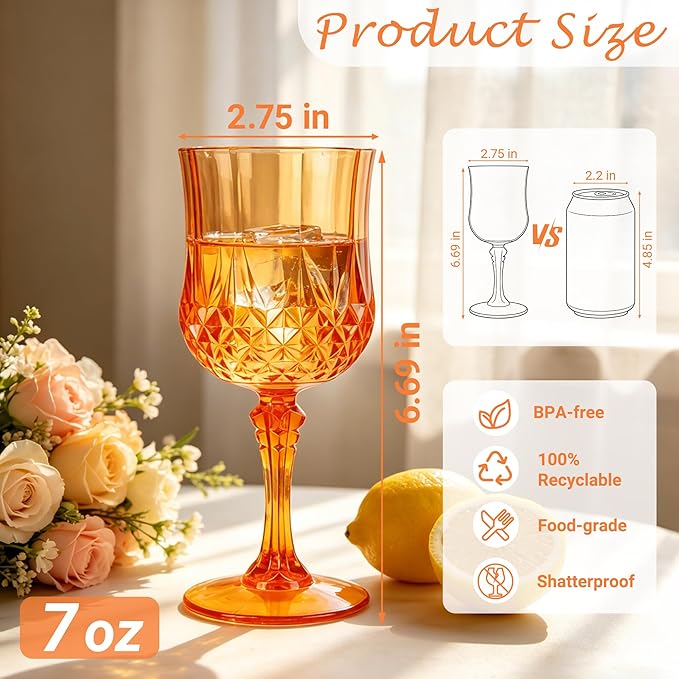Plastic Wine Glasses, Plastic Goblets Vintage Style Cordial Unbreakable Drinking Glasses, Reusable Drinkware for Wedding Reception, Grand Event Party Supplies (24, Pumpkin orange)