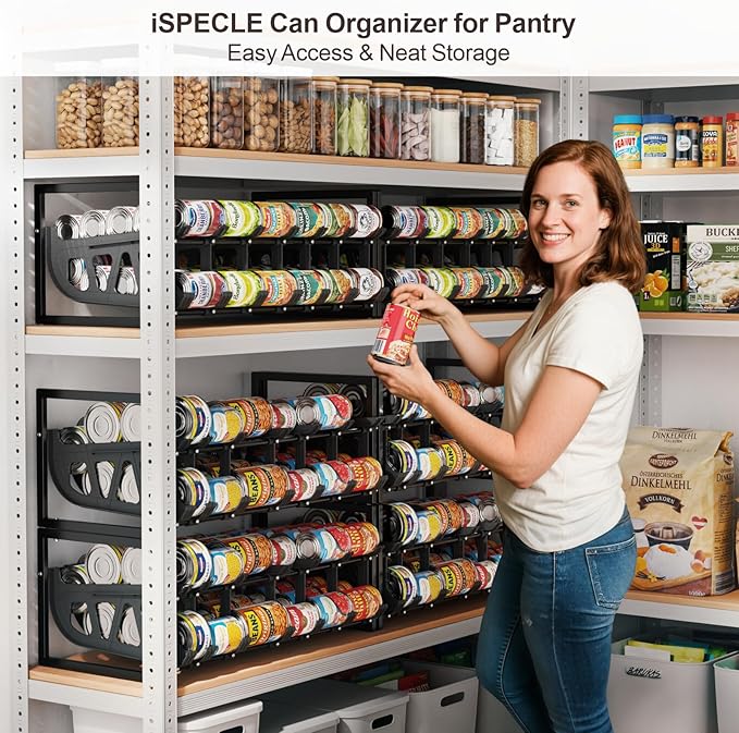iSPECLE Expandable Can Organizer for Pantry, Large Capacity 60 Cans Can Storage Organizer Pantry Rack, Auto Rolling Dispenser & Stackable Metal Wire Holder for Deep Pantry Shelves, Black