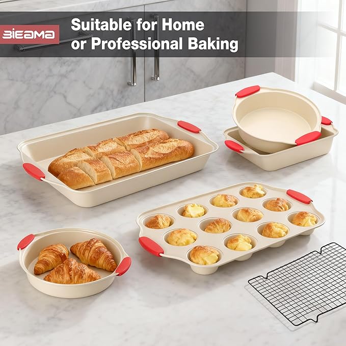 BIEAMA 13-Piece Baking Pans Sets, Nonstick Bakeware Sets, BPA-Free Carbon Steel Stackable Bakeware Set, Cream